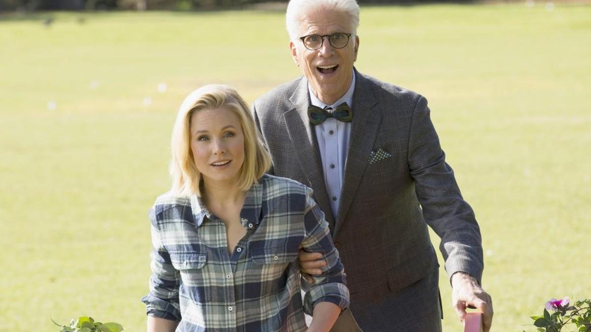 Kristen Bell as Eleanor and Ted Danson as Michael in a scene from, "The Good Place," which debuts Monday on NBC.