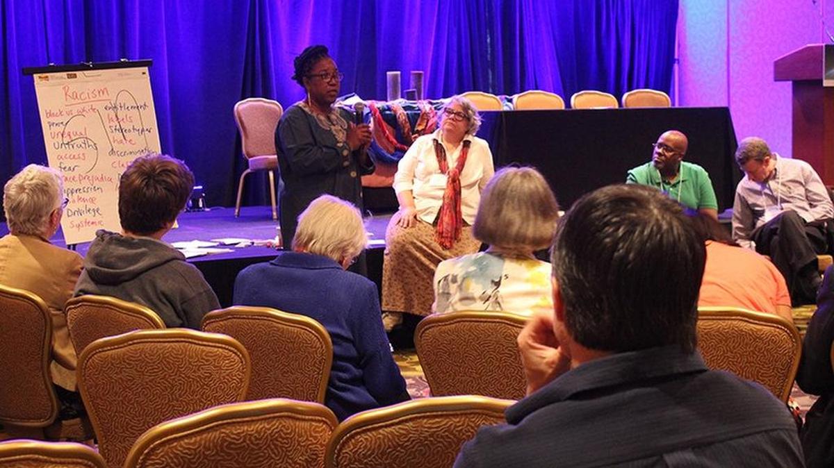 Yvonne Platts, left, and Pam Nath, right, lead “Face to Face with Racism” workshop at Ecumenical Advocacy Days on April 17, 2016.
