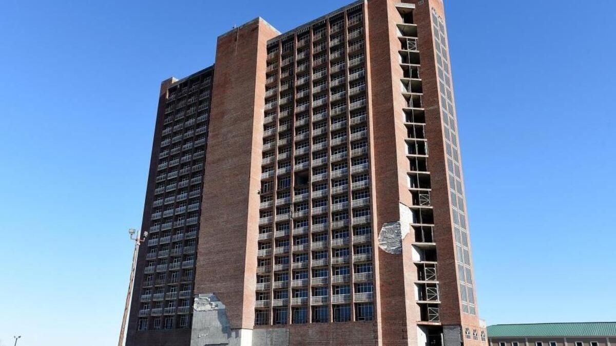 The never-finished, never-occupied 21-story tower.