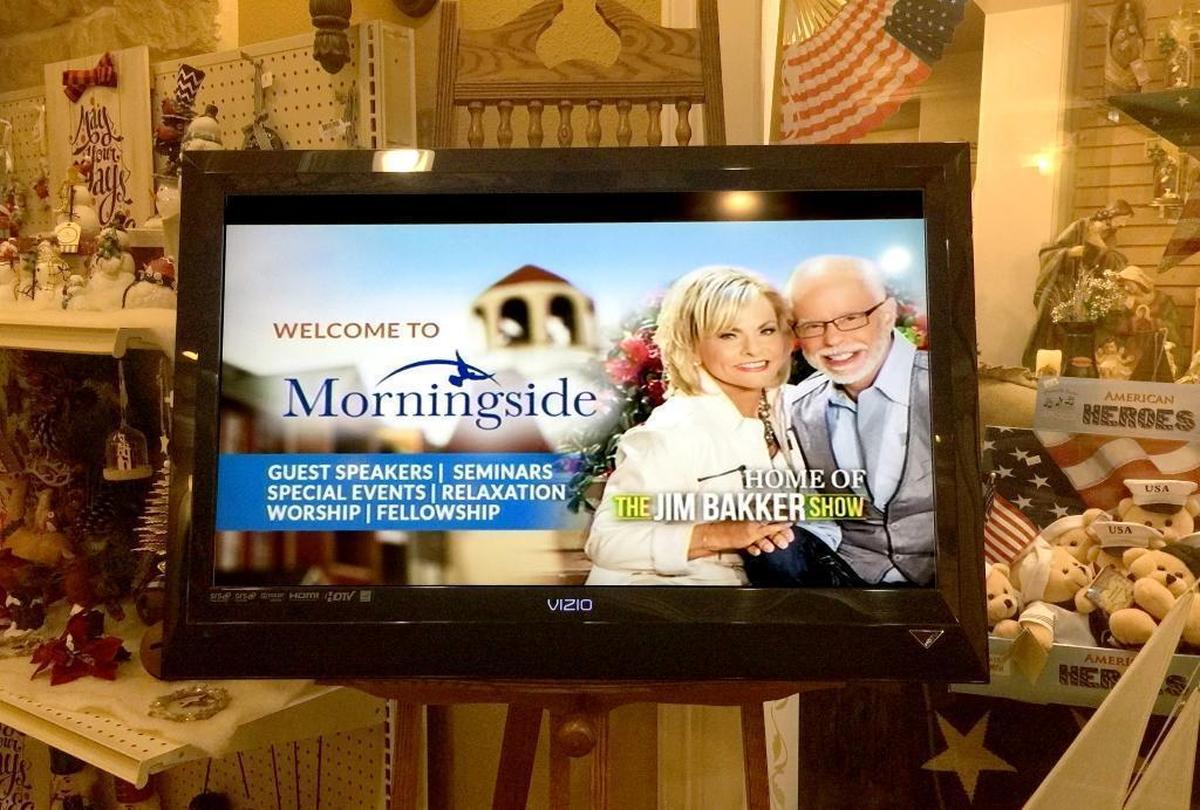 “The Jim Bakker Show,” the main attraction at Morningside Church in Blue Eye, Mo., is advertised in the facility’s General Store. During the daily hour-long show, Bakker, wife Lori, and their guests seek to give a biblical, often apocalyptic, interpretation to what’s going on in the world. They also pitch survivalist merchandise – including long-lasting food – that is available for a specific donation.