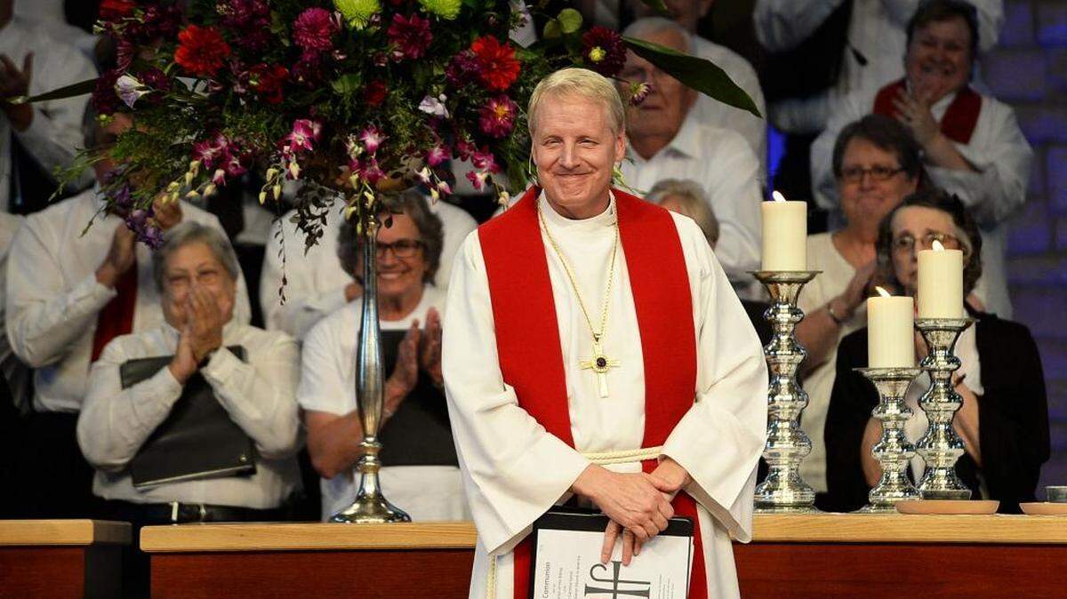 
Bishop Timothy Smith acknowledges his flock’s applause after he was installed as the new bishop of the North Carolina Synod of the Evangelical Lutheran Church in America. The event happened Saturday at Charlotte’s Christ Lutheran Church. 
