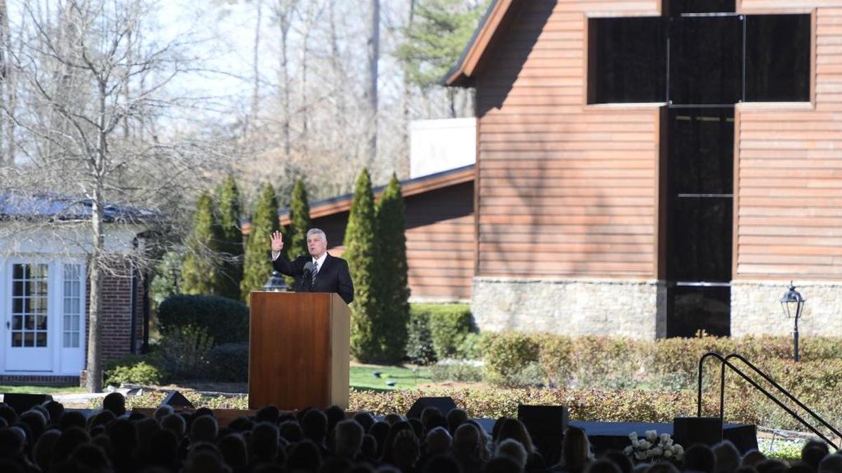At Billy Graham’s funeral in February 2018, son Franklin spoke  before the barn-shaped library bearing the name of his father.