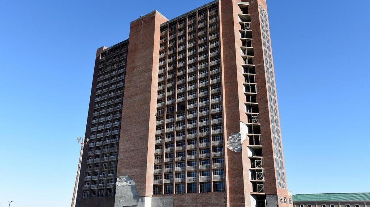 The never-finished, never-occupied 21-story tower.