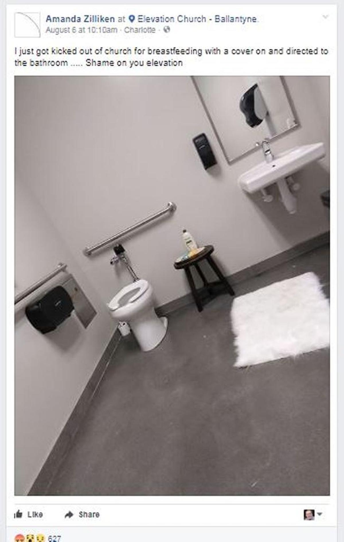 Stay-at-home mom Amanda Zilliken posted this on Facebook last Sunday after she says she was escorted out of the Elevation Church sanctuary and into this “mother’s restroom” to finish breastfeeding her 4-month-old daughter, Idamae.