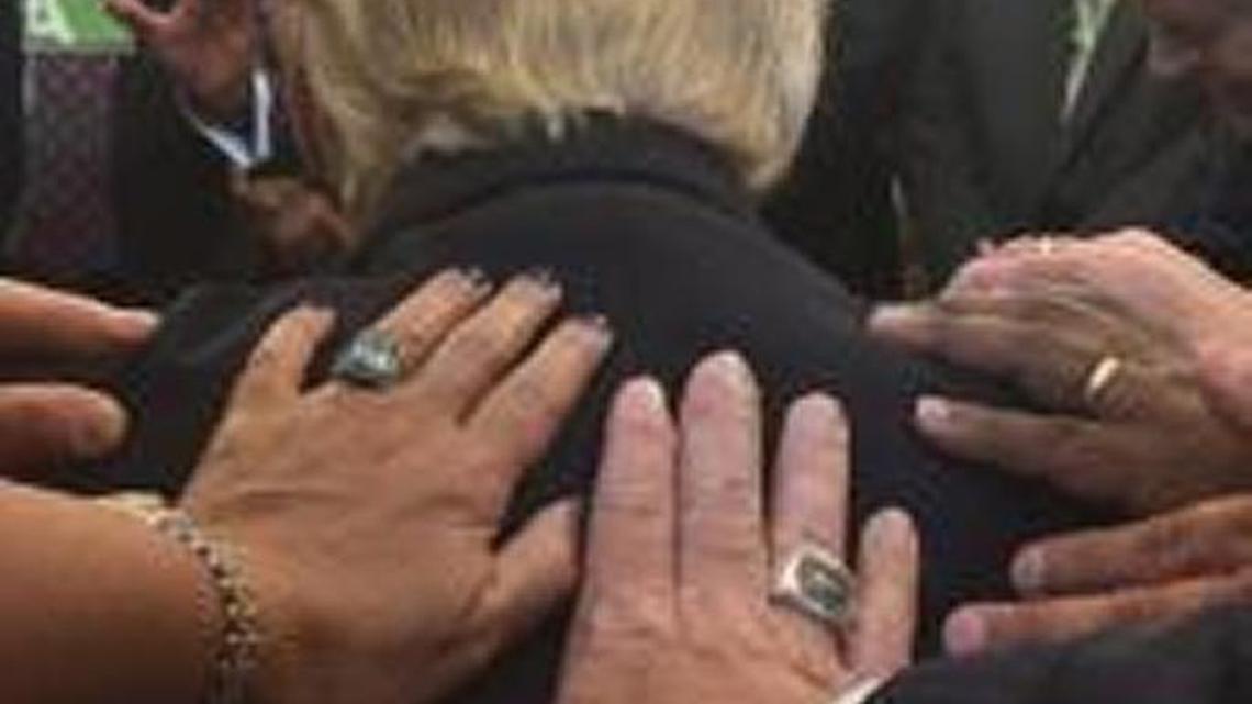 Evangelical Christian leaders pray over President Donald Trump in the Oval Office on July 10, 2017.