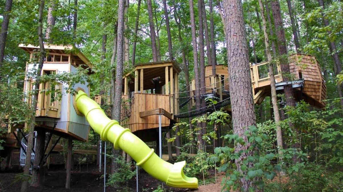 Hideaway Woods, the new 2-acre outdoor play space at Durham’s Museum of Life + Science, includes eight treehouses.