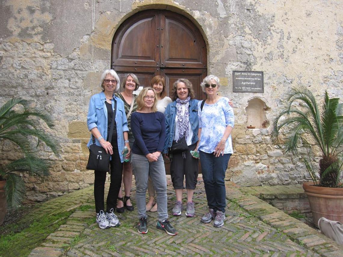 Six friends at the entrance to the former monastery, now called Sant’Anna in Camprena, an agriturismo in Tuscany – one of the places Kathleen loved and returned to for respite many times. From left: Karen Garloch, Pam Kelley, Peggy Burch, Liz Clarke, Ricki Morell and Diane Suchetka.
