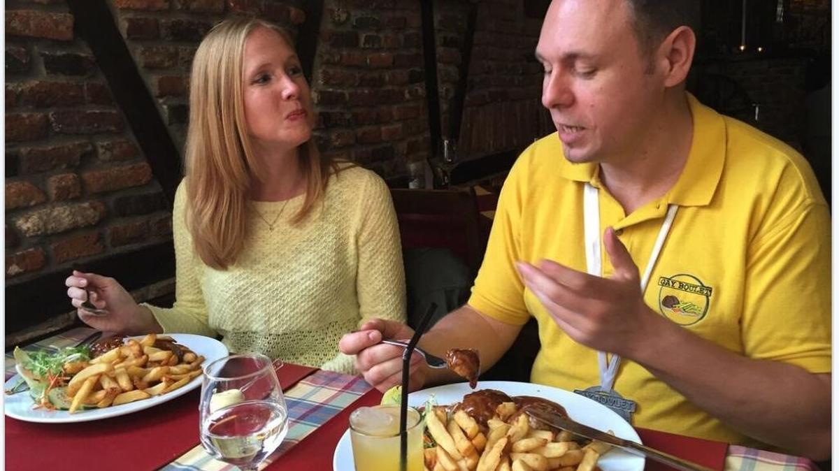 Darley Newman tries le boulet with Sebastien Laviolette of la Confrerie du Gay Boulet, a guild that make it their mission to secretly-taste test meatballs at restaurants throughout Belgium.