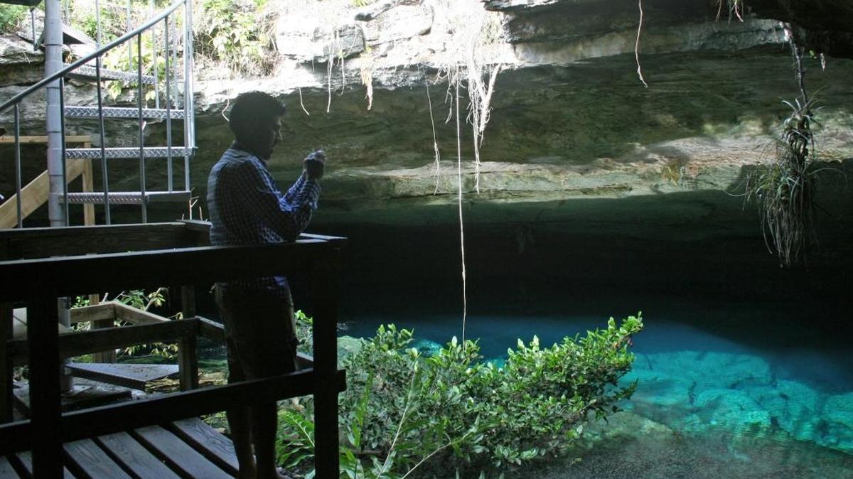 A visitor pauses to take a photo in a cave, partially lit by sunlight, in Lucayan National Forest on Grand Bahama.