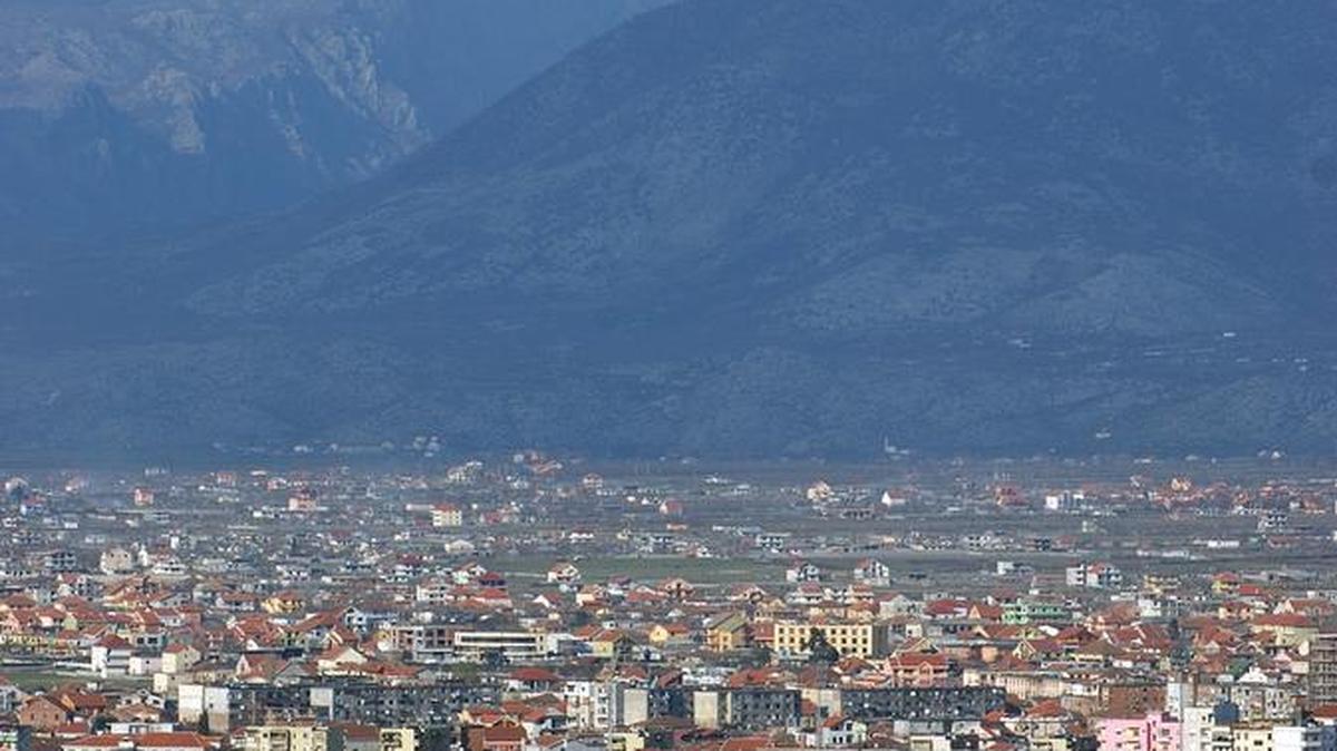 The Albanian Alps seen from Shkodra. The mountains attract hikers, and the city is on the largest lake in the Balkans. This view is from the ancient castle of Rozafa.
