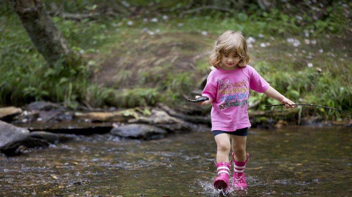 
Evelyn Gabler, 3, of Statesville, N.C., with her father Brock Gabler nearby, wades through the creek at Price Lake picnic site on Saturday, July 18, 2015 in Blowing Rock, N.C.
