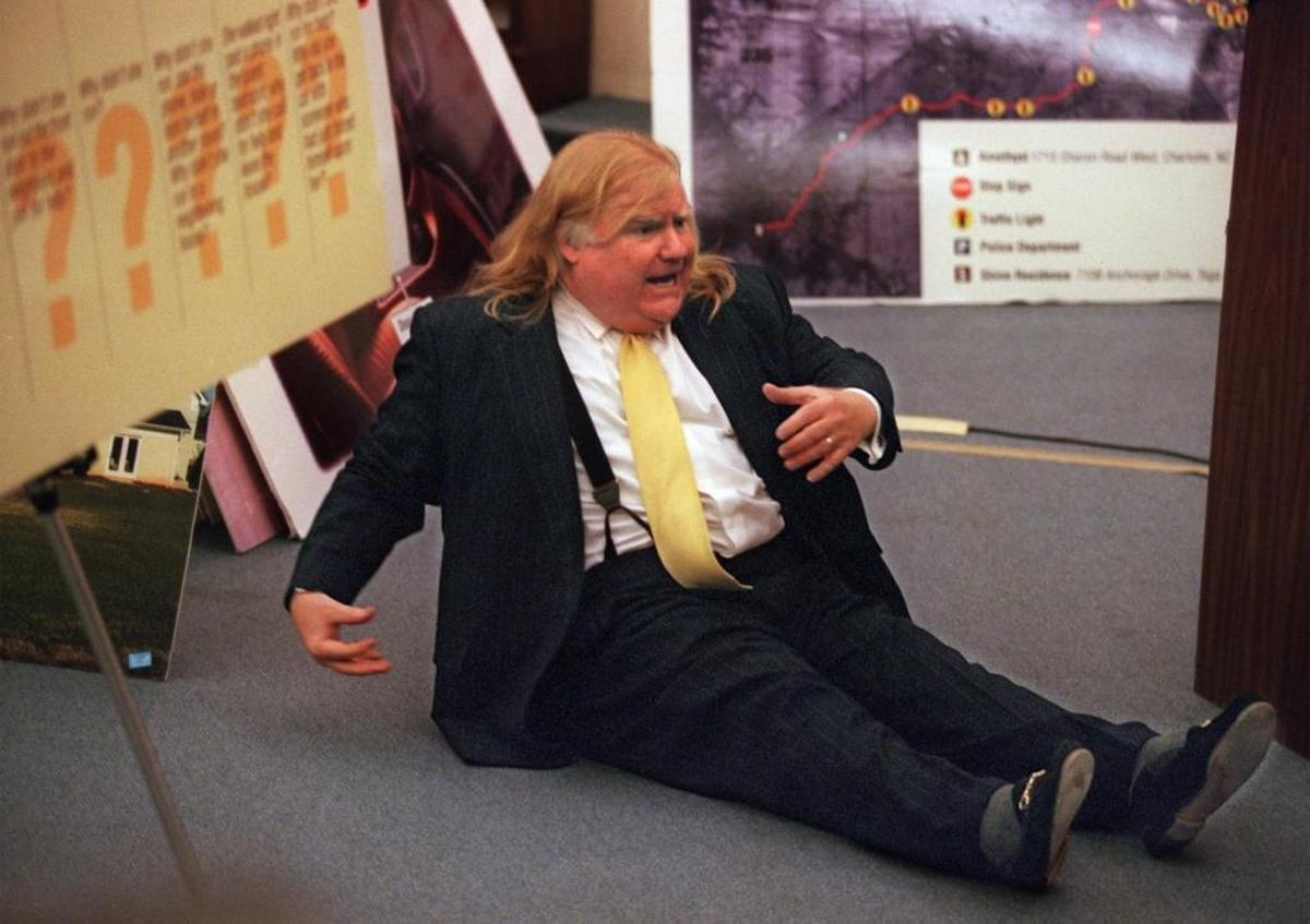 Bill Diehl is shown doing a dramatic reenactment during closing arguments of the George Shinn trial in 1999. Catherine Barnes, managing partner at James, McElroy & Diehl, recalls occasionally slipping into a courtroom to see him try cases a couple times earlier in her career “for the sheer entertainment value of it.” “His charisma, his bulldoggedness, his preparation — it’s just fun to watch him do his thing,” she says. “It’s like when you go to watch U2 and you watch the lead guitarist playing guitar and you’re going, ‘God, that guy’s really good at what he does.’ It’s great to watch a craftsman on the top of his game, and that was Bill.”