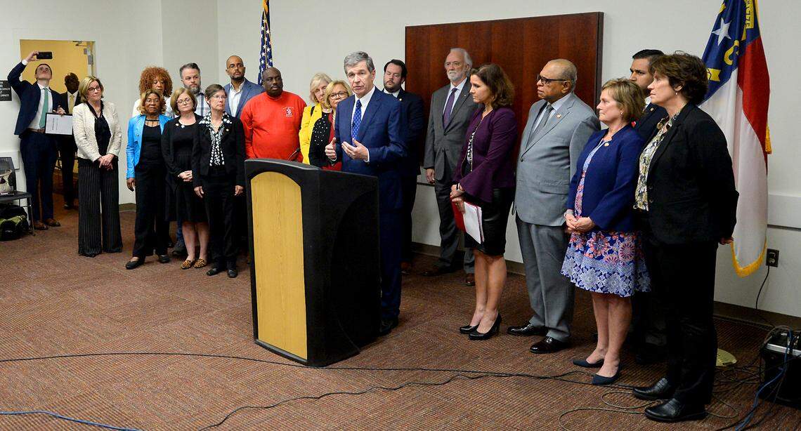 North Carolina Governor Roy Cooper addresses the coronavirus during a press conference at the Charlotte-Mecklenburg Government Center on Wednesday, March 11, 2020. Cooper said that North Carolina has not yet received all of the novel coronavirus testing supplies it needs from the CDC to continue testing in the way it wants.