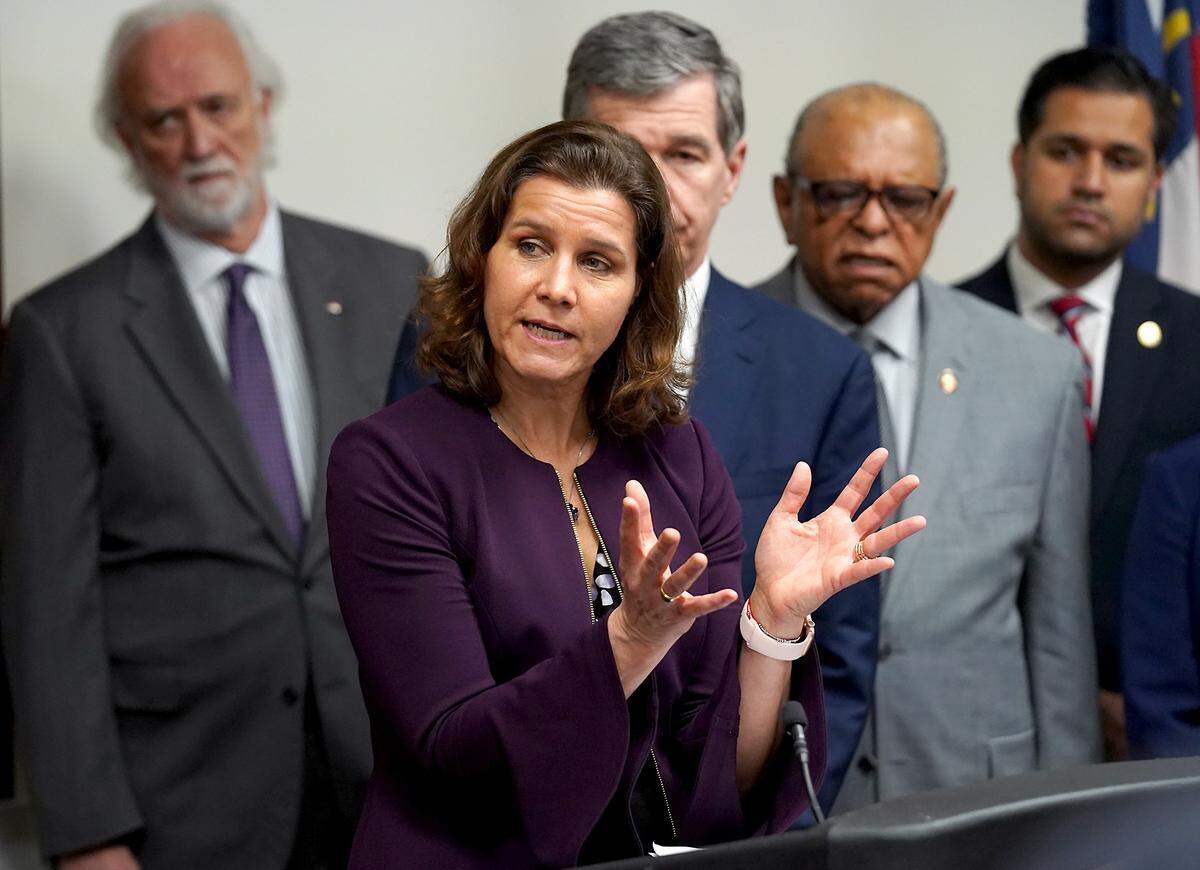 North Carolina Health Director Elizabeth Tilson responds to a question during a press conference at the Charlotte-Mecklenburg Government Center on Wednesday, March 11, 2020. NC Governor Roy Cooper said that North Carolina has not yet received all of the novel coronavirus testing supplies it needs from the CDC to continue testing in the way it wants.