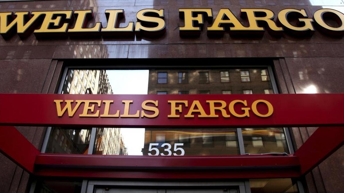 A Wells Fargo sign is displayed at a branch in New York.
