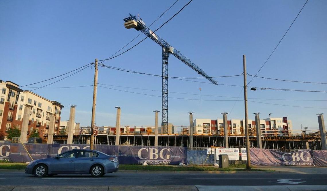 Construction of the concrete parking deck at South Boulevard and Poindexter Drive in Charlotte. A new, 200-unit apartment building is under construction with a 219-space parking garage planned.