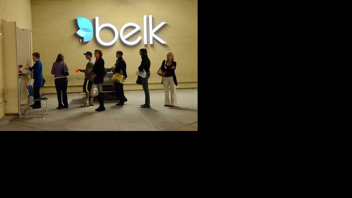 
Customers wait in line to take part in Belk's Charity Day sale at South Park mall on Nov. 9, 2013. A sale of the company would mean Belk follows the long march of other family-owned department stores, including Marshall Fields and Hecht’s, that were sold to bigger companies. 
