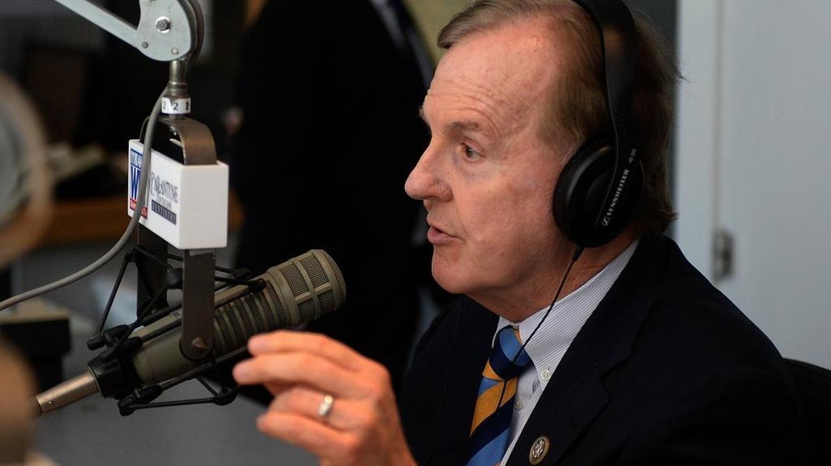 U.S. Rep. Robert Pittenger talks as he holds a town hall on WBT radio last month.