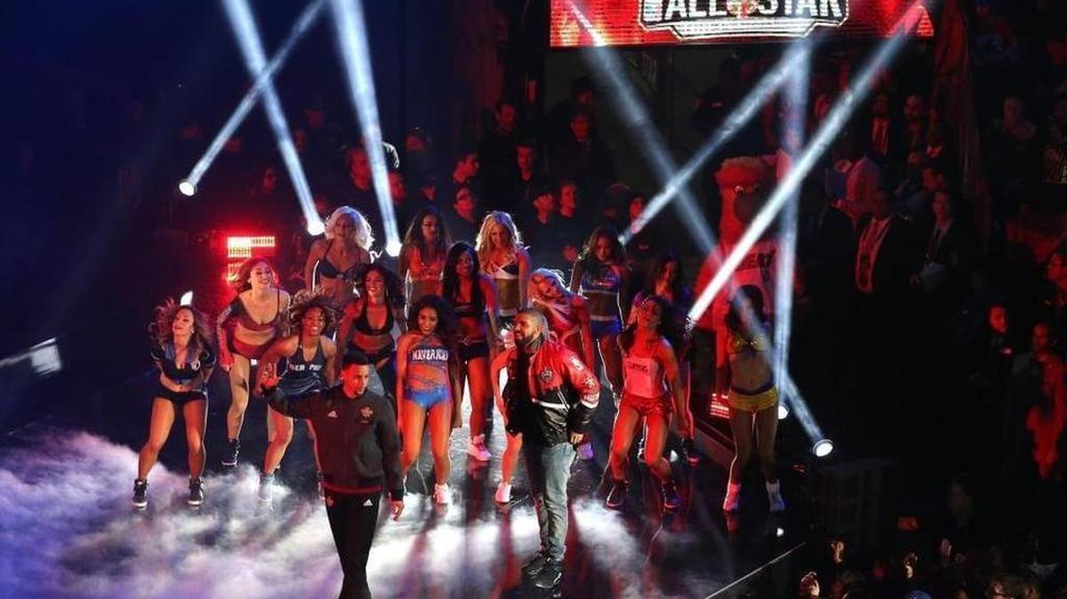 Stephen Curry #30 of the Golden State Warriors and the Western Conference is introduced as rapper Drake looks on during the NBA All-Star Game 2016 at the Air Canada Centre on Feb. 14, 2016 in Toronto, Ontario.