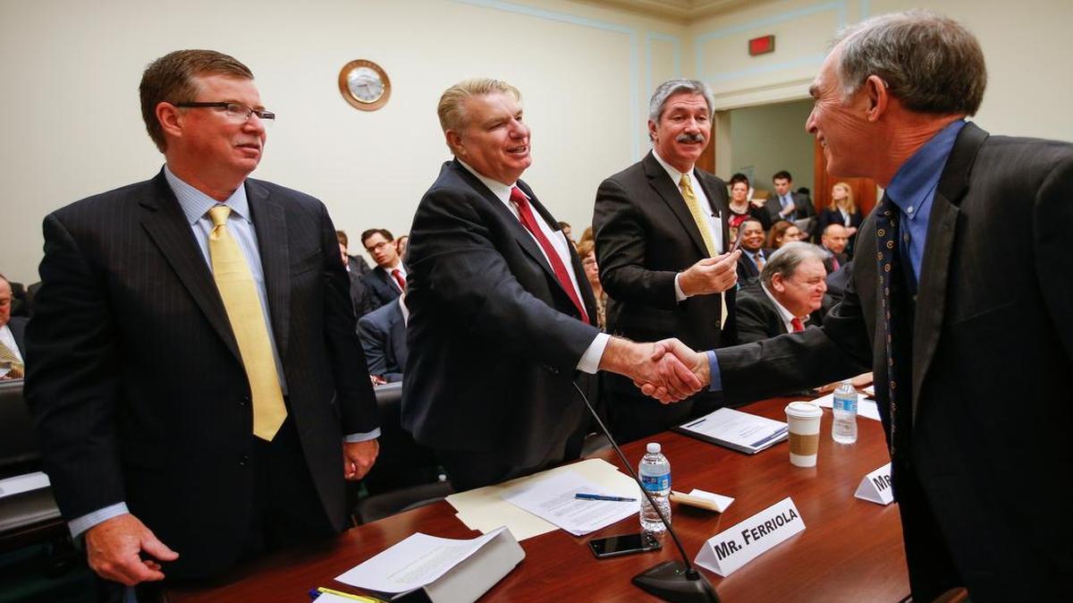 
Congressional Steel Caucus Vice Chair Rep. Pete Visclosky, D-Ind., right, greets, from left, ArcelorMittal USA President and CEO Michael Rippey, Nucor Corporation Chairman, President, and CEO John Ferriola, and US Steel Corporation President and CEO Mario Longhi, on Capitol Hill in Washington, Thursday, March 26, 2015, before a Congressional Steel Caucus hearing to discuss the state of the U.S. steel industry. Nucor, the Charlotte-based steelmaker and the largest in the U.S., said last month that sales fell about 14 percent. That drove down earnings, which fell 39 percent from one year ago, as an influx in steel imports pushed down prices.(AP Photo/Andrew Harnik)
