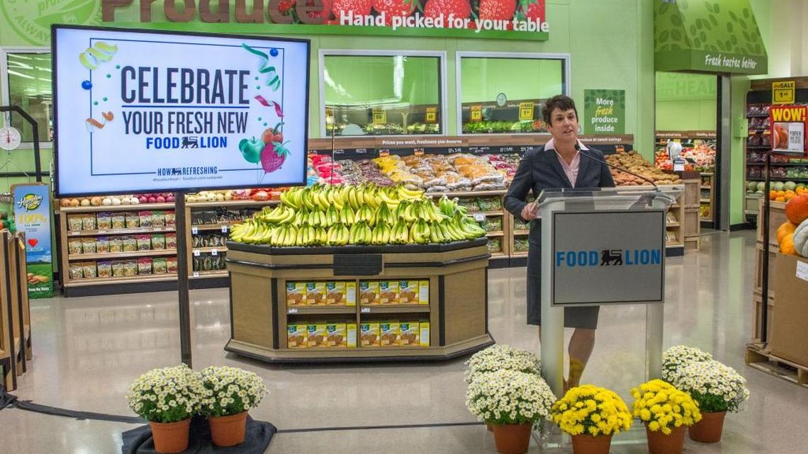 Food Lion President Meg Ham speaks at a newly renovated store in Charlotte during a press conference that also included Second Harvest Food Bank Of Metrolina.
