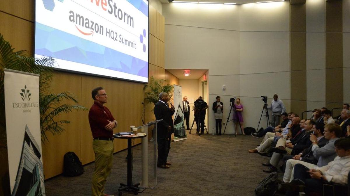 In October, Ronnie Bryant, President and CEO of the Charlotte Regional Partnership, speaks to a group gathered at UNCC Center City to help brainstorm how to pitch the city to Amazon in hopes of getting the company to put its second headquarters here.
