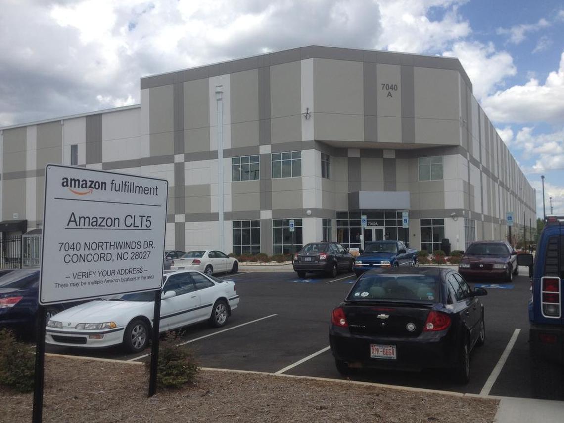 The Amazon distribution center in Concord had more than 110 cars in the parking lot Sunday. It operates 24 hours a day with three separate shifts.
