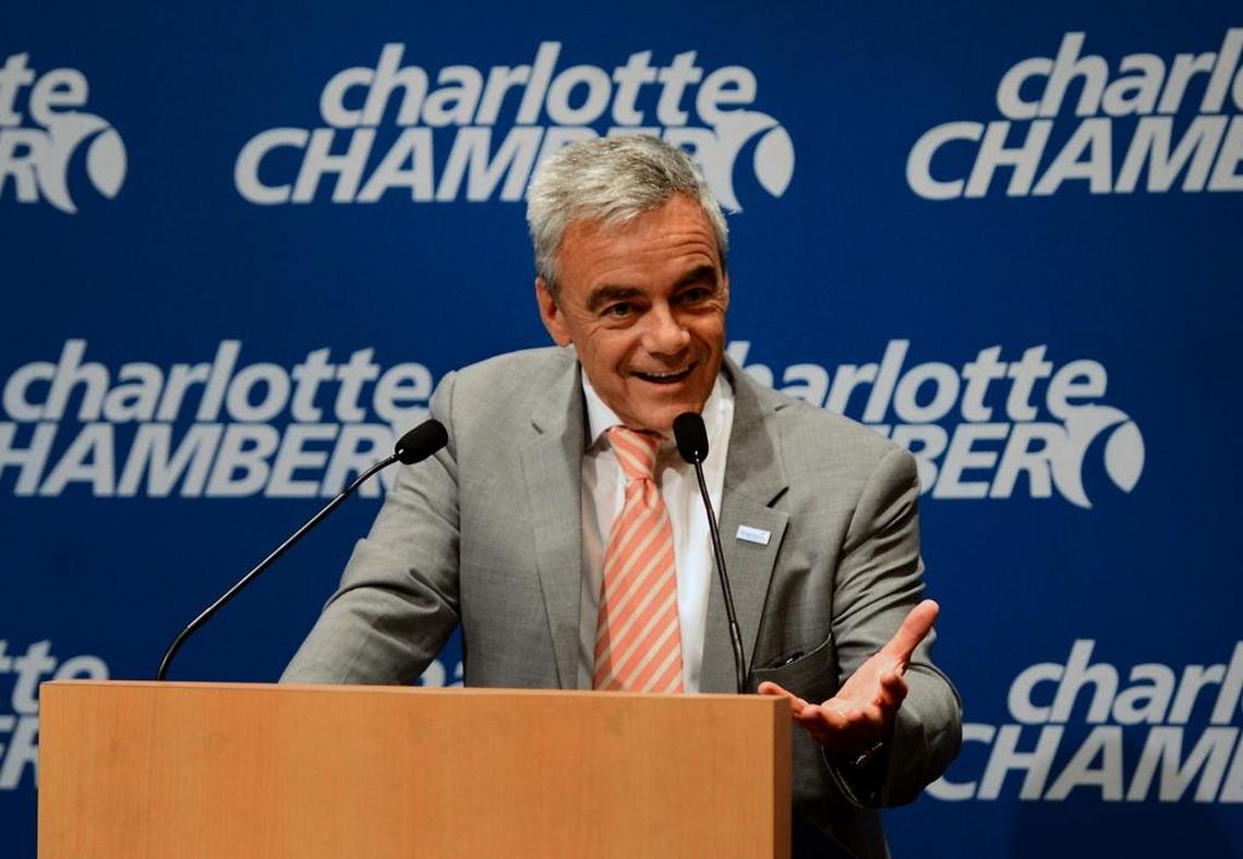 Jerome Peribere, president and CEO of Sealed Air speaks during the announcement that Sealed Air Corporation is relocating their corporate headquarters to Charlotte.