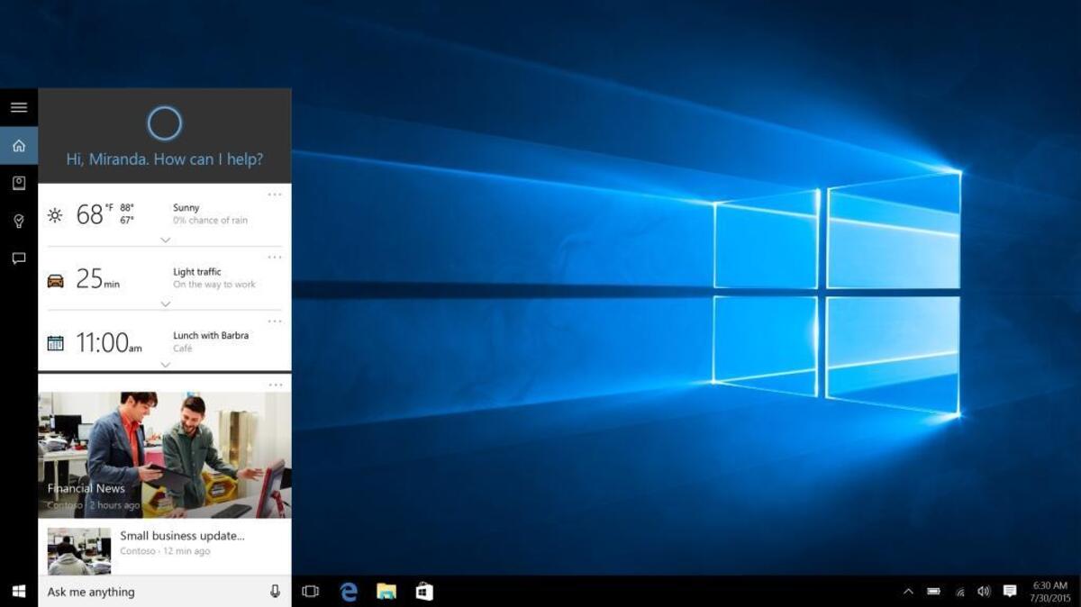 
This screen shot provided by Microsoft shows Cortana, Microsoft’s voice-activated digital assistant, left, in Windows 10. Microsoft’s new Windows 10 system offers more personalization than before, but it also collects more data than people might be used to on PCs, from contacts and appointments to their physical location and even Wi-Fi passwords. (Microsoft via AP)
