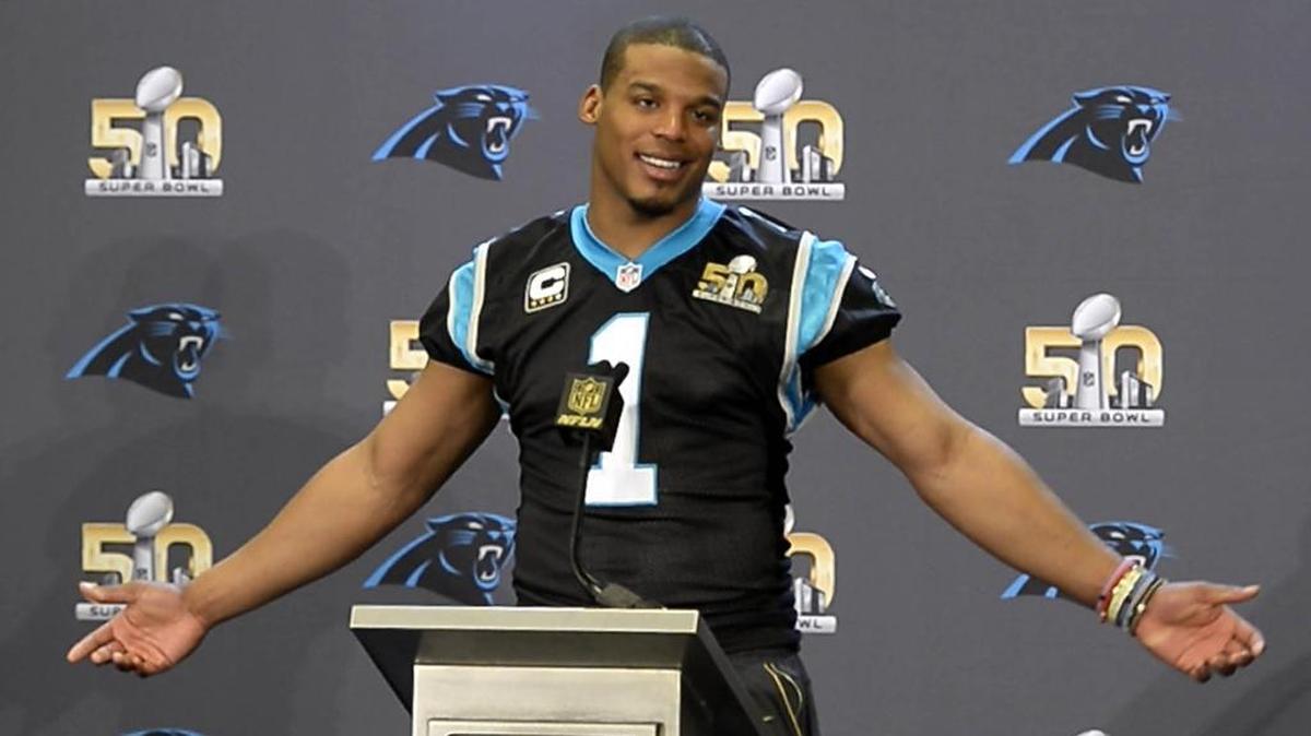 Carolina Panthers quarterback Cam Newton answers a question during a media interview session at the San Jose Convention Center on Wednesday, February 3, 2016 in preparation for Super Bowl 50.