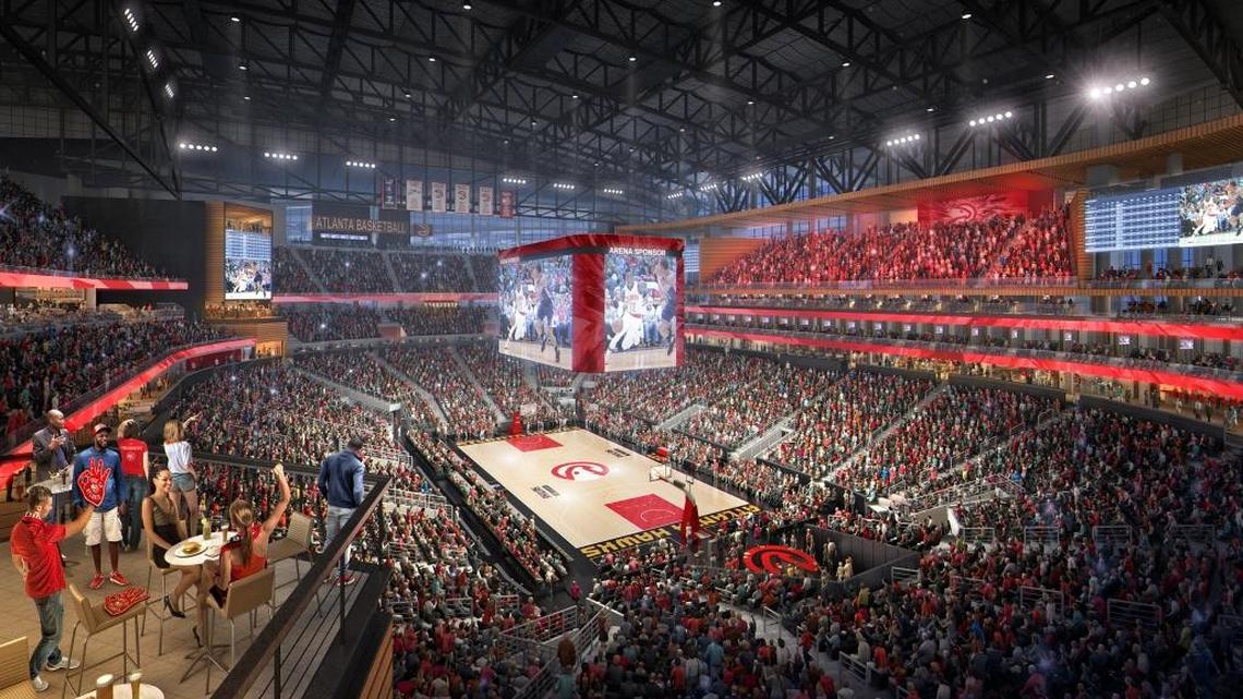 The city of Atlanta and the Atlanta Hawks basketball team are planning a nearly $200 million renovation of Phillips Arena. One of the features includes a courtside bar (shown behind the basketball goal).