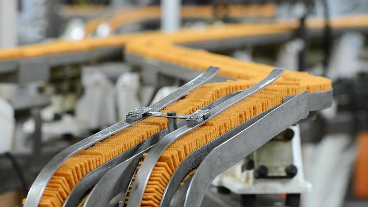 Toast Chee crackers descend into the creamer machine where the peanut butter is applied. Josh Logan, packaging operations manager for the Snyder’s-Lance plant in Charlotte, conducted a tour of the Toast Chee production line on March 20, 2015.