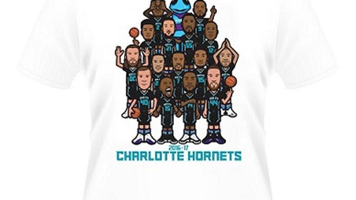 T-shirt featuring roster of 15 Charlotte Hornets, created by Charlotte-based design firm Tykes