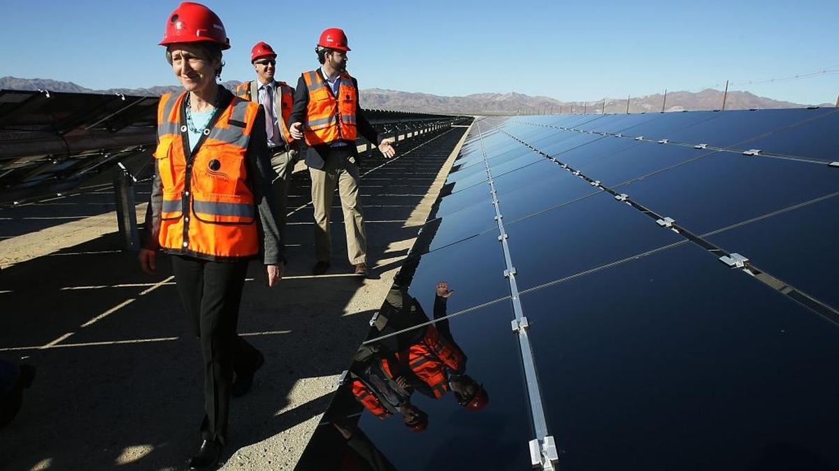 Interior Secretary Sally Jewell tours the Desert Sunlight Solar Farm in California in 2015.