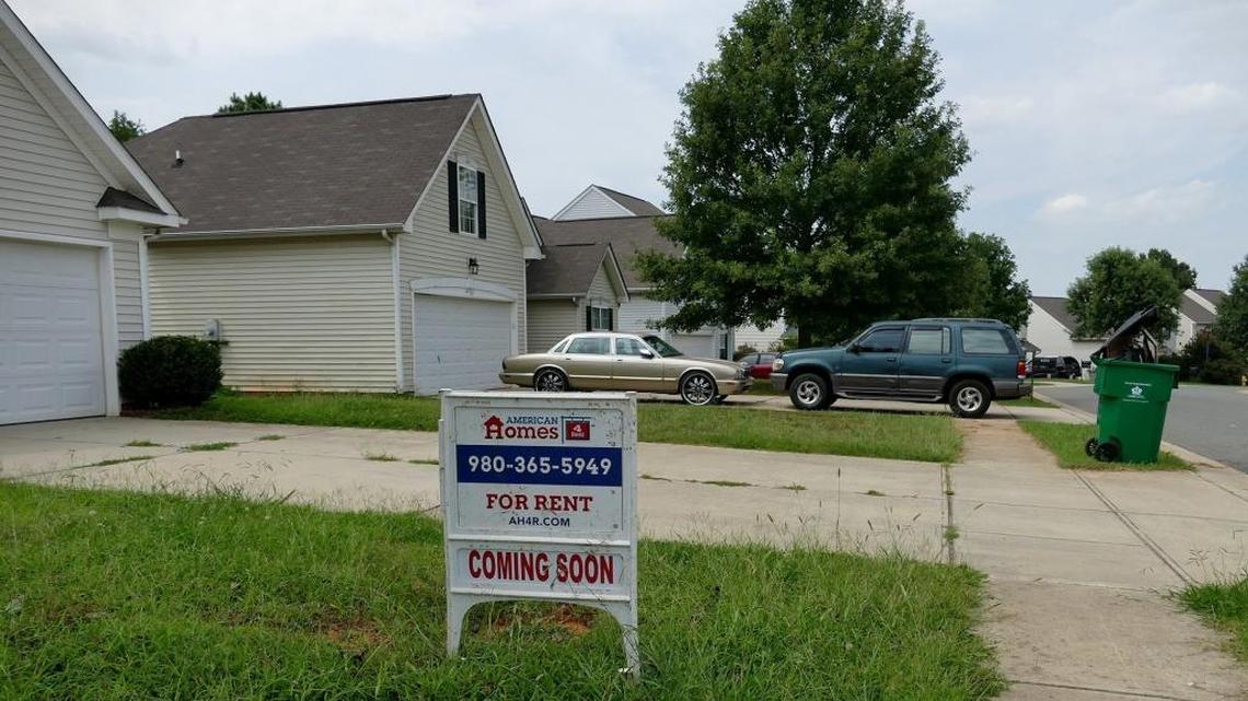 A house for rent on Castletown House Drive in Steele Creek, where national companies have aggressively bought houses and turned them into rentals.