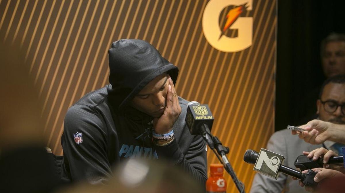 Carolina Panthers quarterback Cam Newton speaks to the media at a postgame news conference following a 24-10 loss against the Denver Broncos in Super Bowl 50 at Levi's Stadium in Santa Clara, Calif., on Sunday.