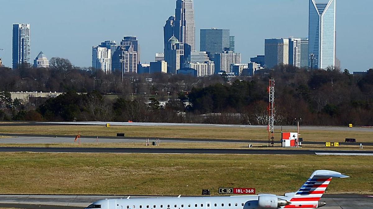 
An American Eagle jet taxis to the terminal at Charlotte Douglas International Airport.
