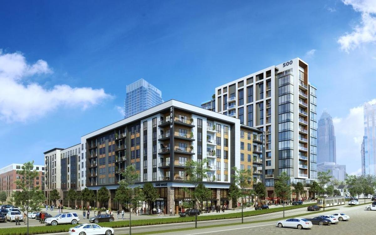A rendering of the planned apartment building, with a 14-story tower and mid-rise portion, at 500 West Trade Street.