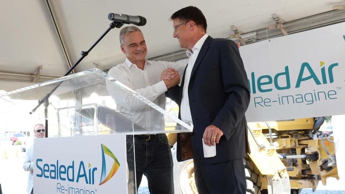 Sealed Air President and Chief Executive Officer Jerome Peribere Sealed Air and Gov. Pat McCrory at the groundbreaking ceremonies for the Sealed Air global corporate headquarters on June 25.