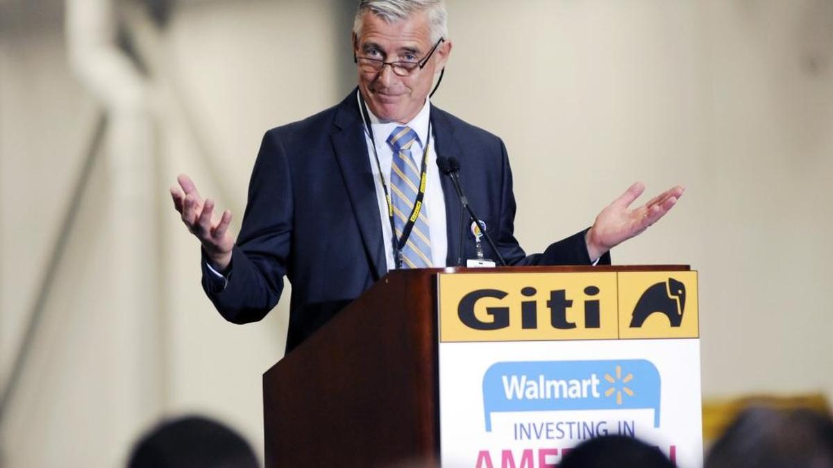 Greg Foran, chief executive officer for Walmart, addresses Giti Tire executives, employees and South Carolina politicians Wednesday at the $560 million plant in Chester County. Walmart plans to sell Dextero tires by 2018 as part of its “Made in America” campaign.