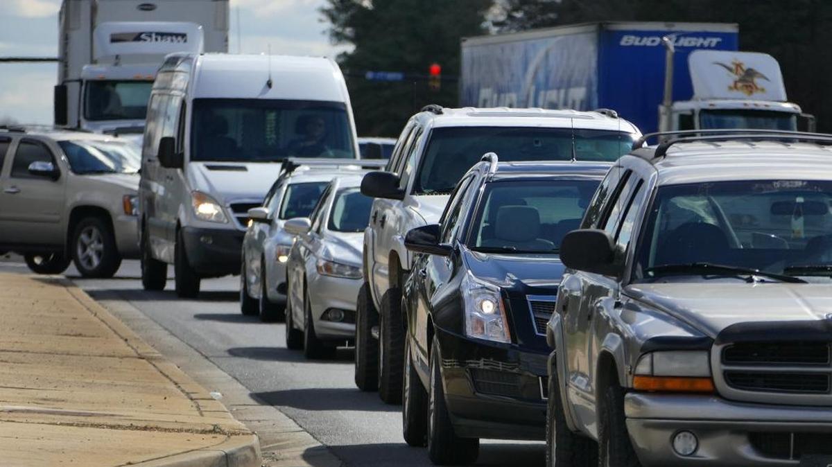 Heavy midday traffic on Highway 160 near Interstate 77 in Fort Mill, on Feb. 25.