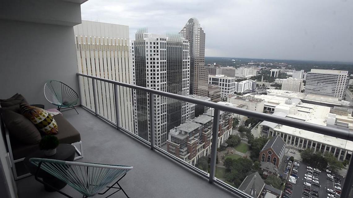 A balcony view from one of the model units in Museum Tower on Tuesday, June 20, 2017.