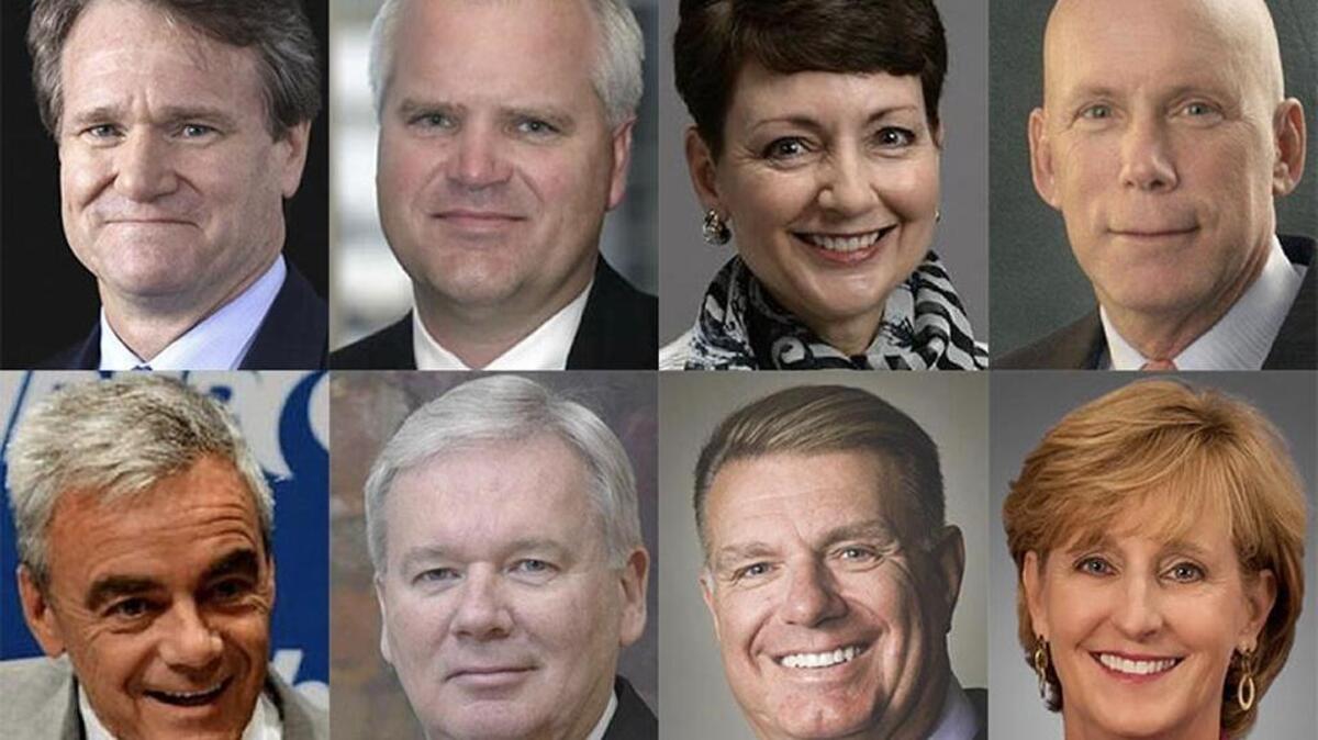 From top, left to right: Brian Moynihan of Bank of America; Robert Niblock, Lowe’s Cos.; Lynn Good, Duke Energy; J. Frank Harrison III, Coca-Cola Bottling Company Consolidated; Jerome Peribere, Sealed Air; David Roberts, Carlisle Companies; John Ferriola, Nucor; Susan DeVore, Premier.