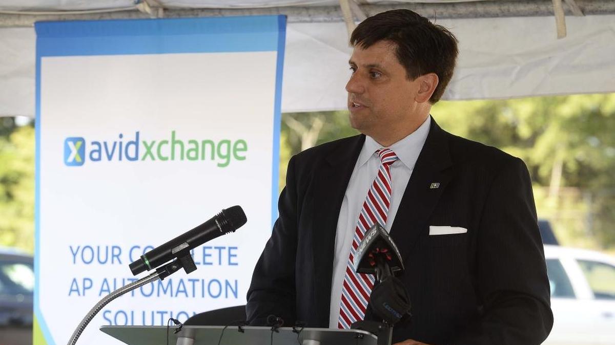 
Michael Praeger, AvidXchange founder and chief executive officer speaks to the audience during the ground breaking ceremony for the new AvidXchange headquarters at the N.C. Music Factory on Sept 14.
