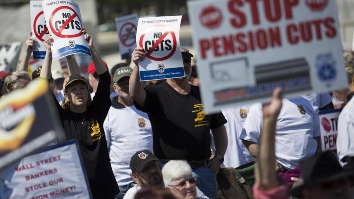 Members of the International Brotherhood of Teamsters and their supporters attend a rally outside the Capitol in Washington on April 14. The demonstrators protested a plan by the Central States Pension Fund to reduce payments to retirees.