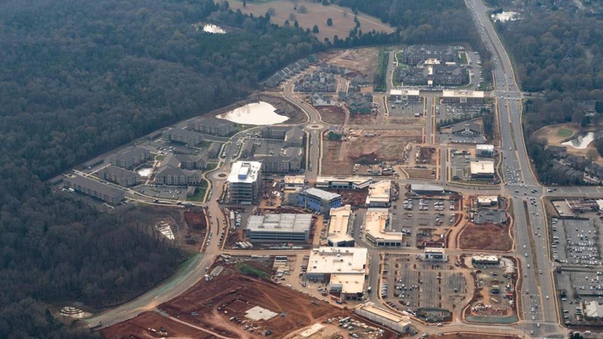 An aerial overview of Waverly construction on Providence Road south of Interstate 485.