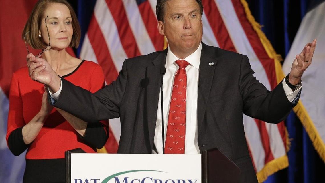 In this file photo, North Carolina Gov. Pat McCrory speaks to supporters as his wife Ann McCrory listens at an election rally on Nov. 9. This month, he conceded to Democrat Roy Cooper.