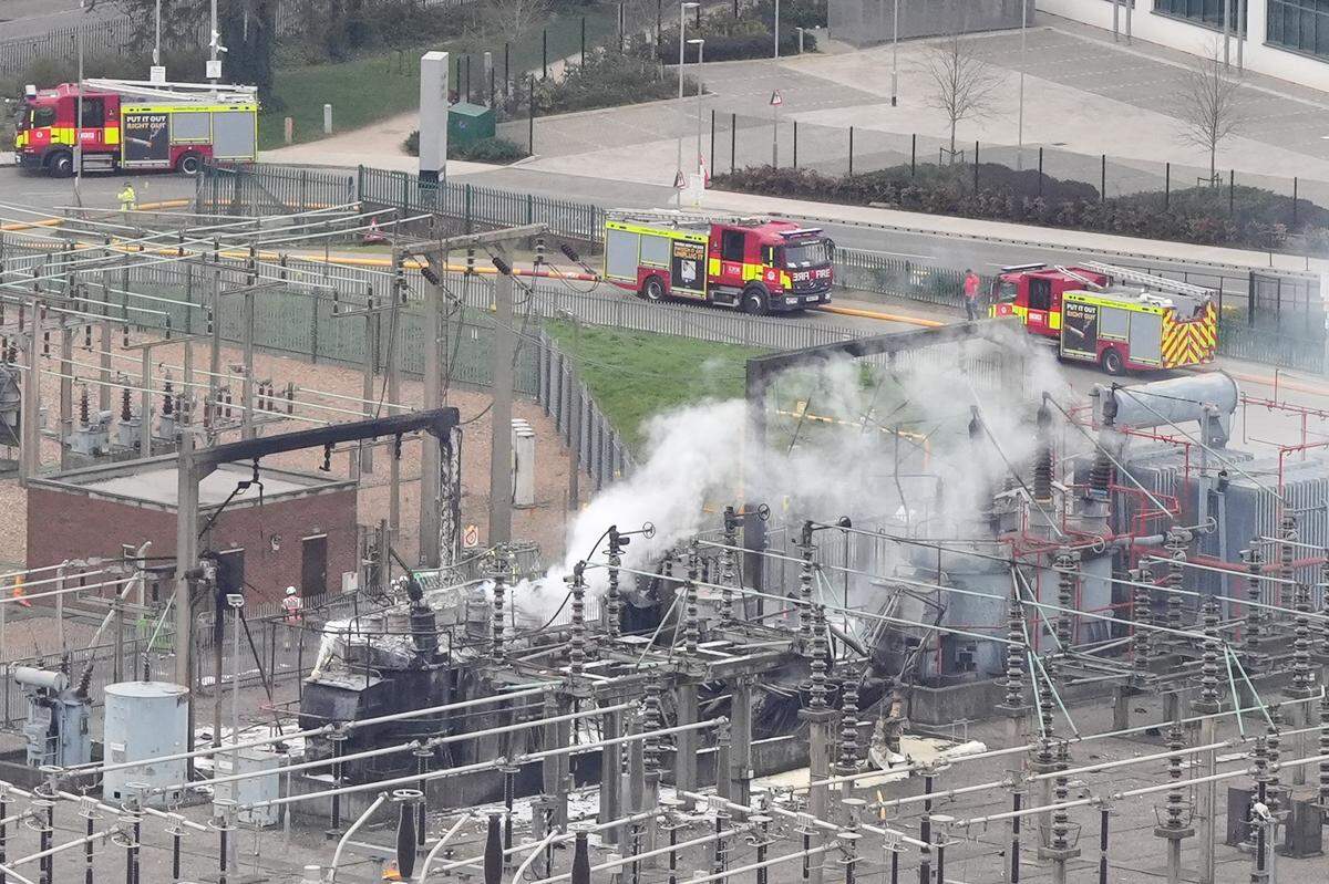 The Heathrow electrical substation which caught fire Thursday night. More than 1,300 flights to and from Heathrow Airport were disrupted on Friday due to the closure of the airport following the fire.