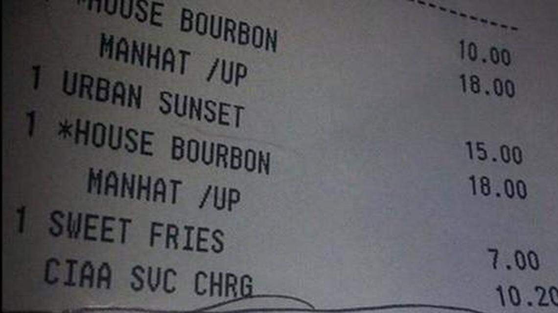 
A customer’s receipt for four drinks and sweet potato fries from the lobby lounge of the Ritz-Carlton in uptown Charlotte during CIAA week features a $10.20 CIAA service charge.
