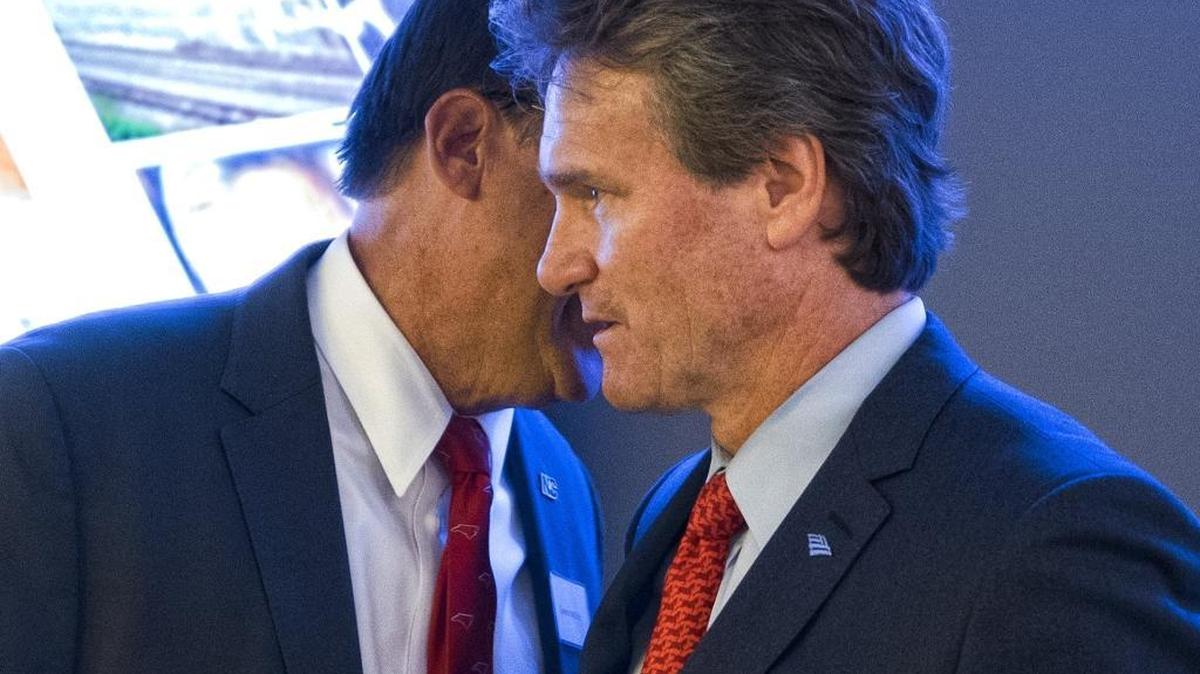 
Bank of America CEO Brian Moynihan,right, listens to Gov. Pat McCrory at the grand opening of the Founders Room in Founders Hall early in September. 
